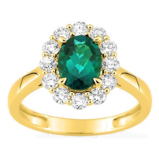 Anel em ouro amarelo 9K com esmeralda criada e diamantes criados 0,16 ct