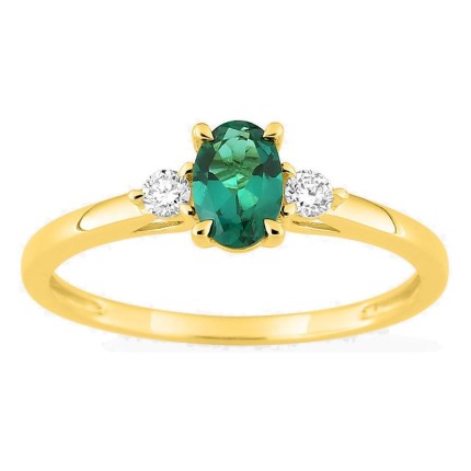Anel em ouro amarelo 9K com esmeralda criada e diamantes criados 0,09 ct