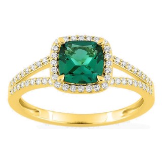 Anillo de oro amarillo 9K con esmeralda creado talla cojín y diamantes creados 0,24 ct