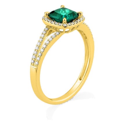 Anel em ouro amarelo 9K com esmeralda criada lapidação almofada e diamantes criados 0,24 ct