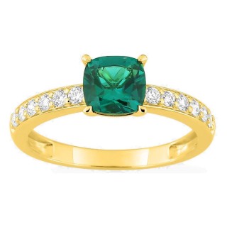 Anillo de oro amarillo 9K con esmeralda creado talla cojín y diamantes creados 0,26 ct