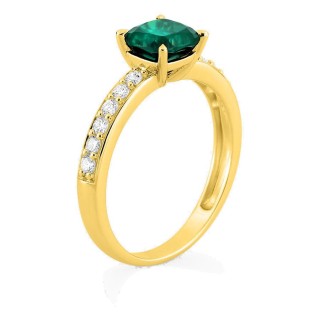 Anel em ouro amarelo 9K com esmeralda criada lapidação almofada e diamantes criados 0,26 ct