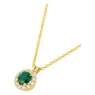 Colar em ouro amarelo 9K com esmeralda criada redonda e diamantes criados 0,13 ct