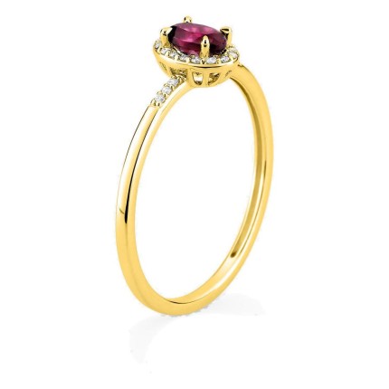 Anel em ouro amarelo 9K com rubi criado e diamantes criados 0,07 ct