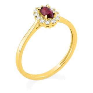 Anillo de oro amarillo 9K con rubí creado y diamantes creados 0,16 ct