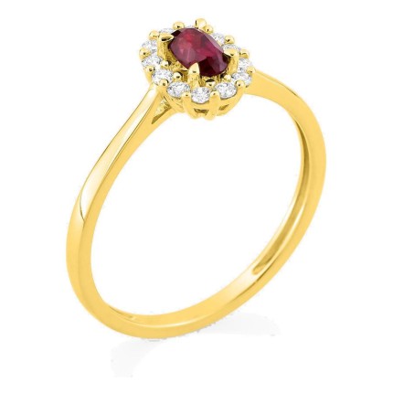 Anel em ouro amarelo 9K com rubi criado e diamantes criados 0,16 ct