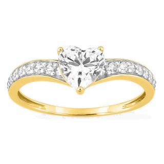 Anillo solitario acompañado de oro amarillo 18K con pavé de circonitas y rodio