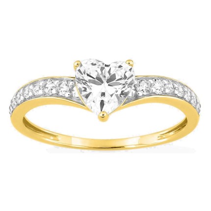 Anillo solitario acompañado de oro amarillo 18K con pavé de circonitas y rodio