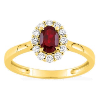 Anel em ouro amarelo 9K com rubi criado e diamantes criados 0,23 ct