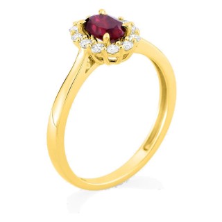 Anillo de oro amarillo 9K con rubí creado y diamantes creados 0,23 ct