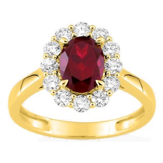 Anel em ouro amarelo 9K com rubi criado e diamantes criados 0,65 ct