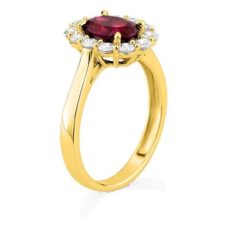 Anel em ouro amarelo 9K com rubi criado e diamantes criados 0,65 ct