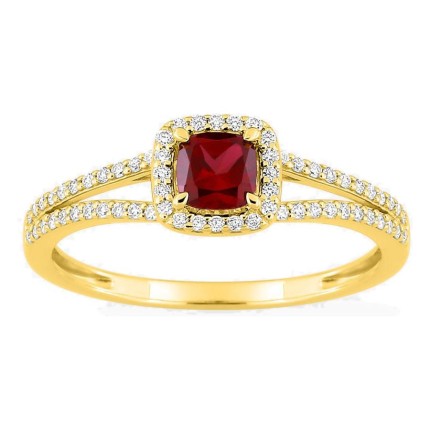 Anel em ouro amarelo 9K com rubi criado lapidação almofada e diamantes criados 0,20 ct