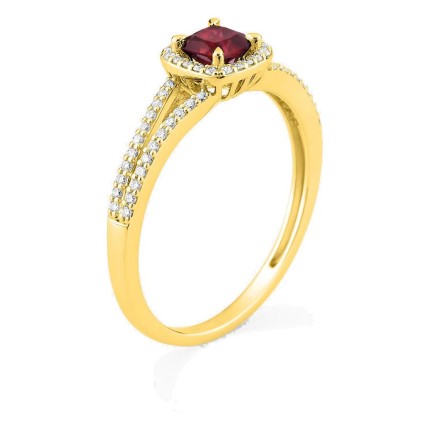 Anillo de oro amarillo 9K con rubí creado talla cojín y diamantes creados 0,20 ct