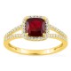 Anillo de oro amarillo 9K con rubí creado talla cojín y diamantes creados 0,24 ct