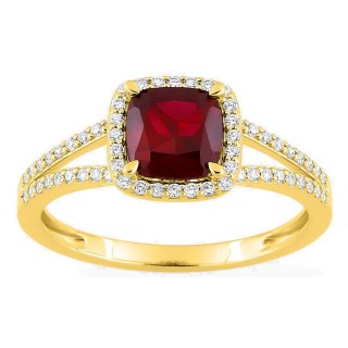 Anillo de oro amarillo 9K con rubí creado talla cojín y diamantes creados 0,24 ct