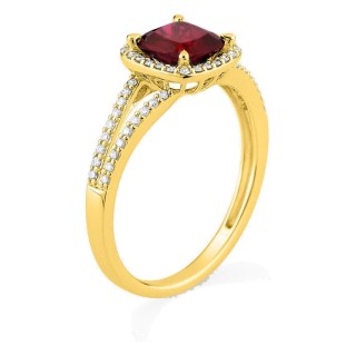 Anel em ouro amarelo 9K com rubi criado lapidação almofada e diamantes criados 0,24 ct