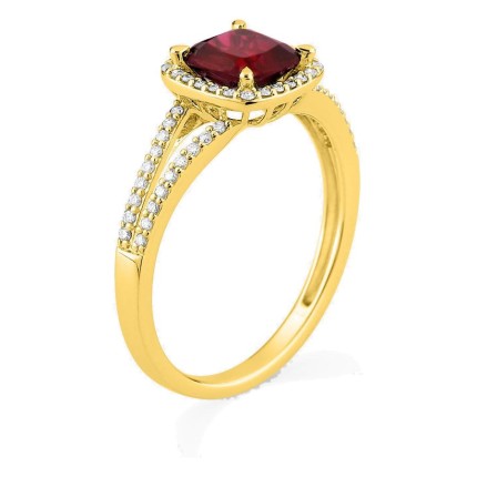 Anillo de oro amarillo 9K con rubí creado talla cojín y diamantes creados 0,24 ct