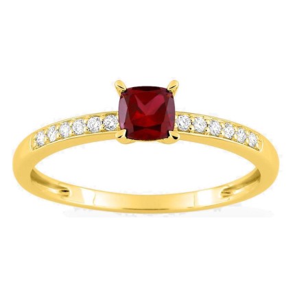 Anel em ouro amarelo 9K com rubi criado lapidação almofada e diamantes criados 0,08 ct