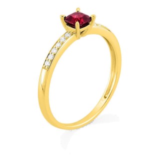 Anel em ouro amarelo 9K com rubi criado lapidação almofada e diamantes criados 0,08 ct