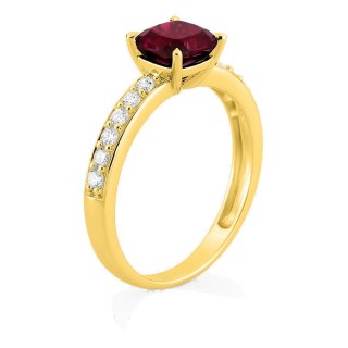 Anel em ouro amarelo 9K com rubi criado lapidação almofada e diamantes criados 0,26 ct