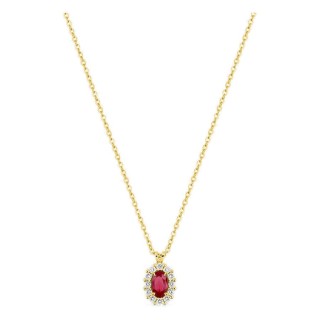 Colar em ouro amarelo 9K com rubi criado oval e diamantes criados 0,16 ct