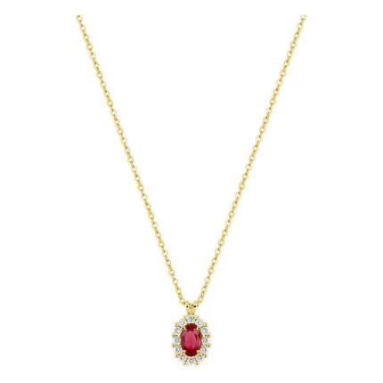 Collar de oro amarillo 9K con rubí creado ovalado y diamantes creados 0,16 ct