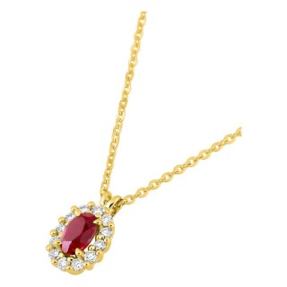 Collar de oro amarillo 9K con rubí creado ovalado y diamantes creados 0,16 ct