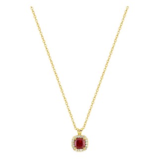 Collar de oro amarillo 9K con rubí creado de talla cojín y diamantes creados 0,05 ct