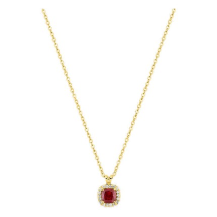 Collar de oro amarillo 9K con rubí creado de talla cojín y diamantes creados 0,05 ct