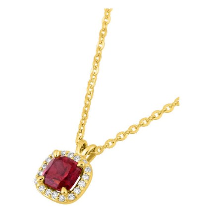 Collar de oro amarillo 9K con rubí creado de talla cojín y diamantes creados 0,05 ct