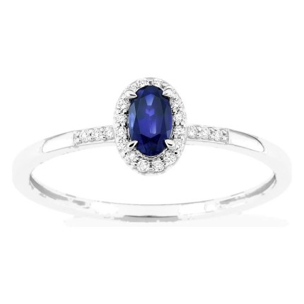 Anillo de oro blanco 9K con zafiro creado y diamantes creados 0,07 ct