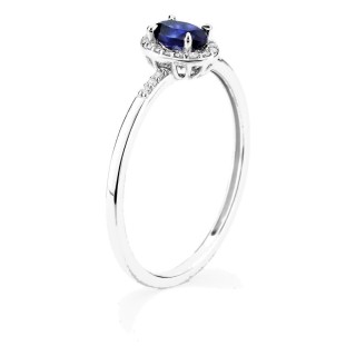 Anillo de oro blanco 9K con zafiro creado y diamantes creados 0,07 ct