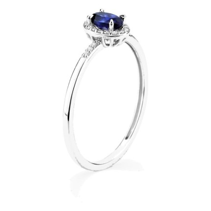 Anel em ouro branco 9K com safira criada e diamantes criados 0,07 ct