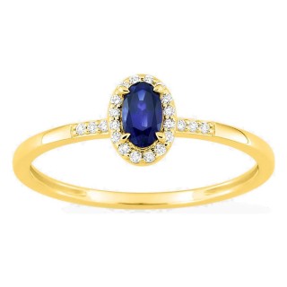 Anel em ouro amarelo 9K com safira criada e diamantes criados 0,07 ct