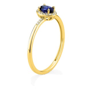 Anel em ouro amarelo 9K com safira criada e diamantes criados 0,07 ct
