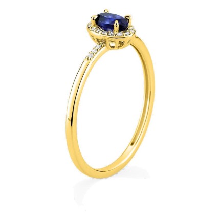 Anillo de oro amarillo 9K con zafiro creado y diamantes creados 0,07 ct