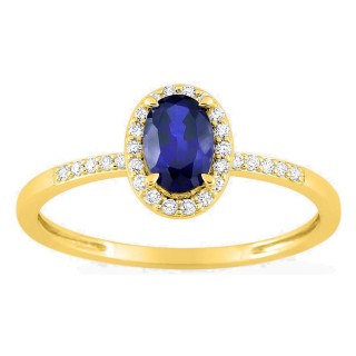 Anel em ouro amarelo 9K com safira criada e diamantes criados 0,11 ct