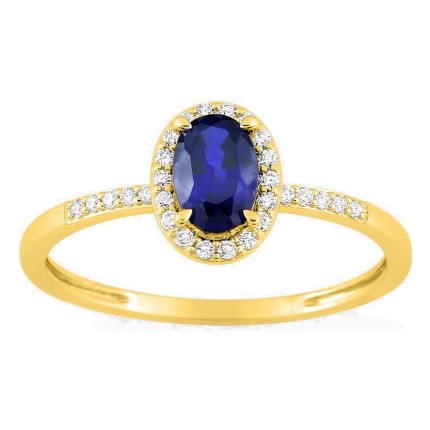 Anel em ouro amarelo 9K com safira criada e diamantes criados 0,11 ct