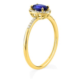 Anillo de oro amarillo 9K con zafiro creado y diamantes creados 0,11 ct