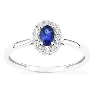 Anillo de oro blanco 9K con zafiro creado y diamantes creados 0,16 ct