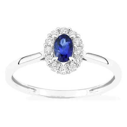 Anel em ouro branco 9K com safira criada e diamantes criados 0,16 ct