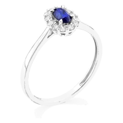 Anillo de oro blanco 9K con zafiro creado y diamantes creados 0,16 ct