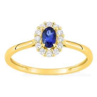 Anel em ouro amarelo 9K com safira criada e diamantes criados 0,16 ct