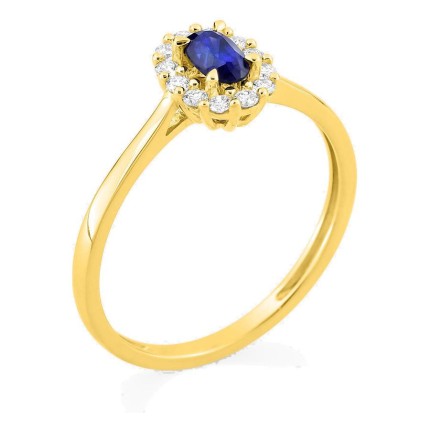 Anillo de oro amarillo 9K con zafiro creado y diamantes creados 0,16 ct
