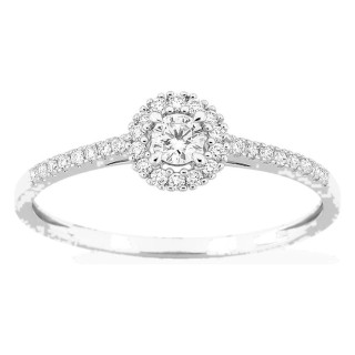 Anel em ouro amarelo 9K com diamantes criados 0,22 ct e centro redondo 0,10 ct em halo