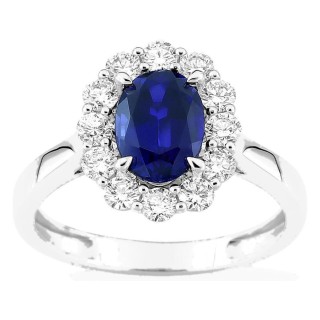 Anel em ouro branco 9K com safira criada e diamantes criados 0,65 ct