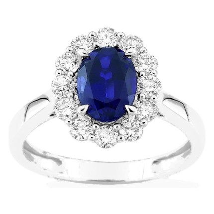 Anillo de oro blanco 9K con zafiro creado y diamantes creados 0,65 ct