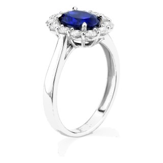 Anillo de oro blanco 9K con zafiro creado y diamantes creados 0,65 ct