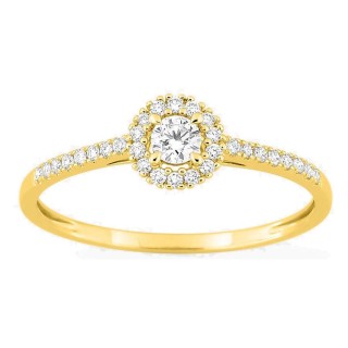 Anel em ouro amarelo 9K com diamantes criados 0,22 ct e centro redondo 0,10 ct em halo